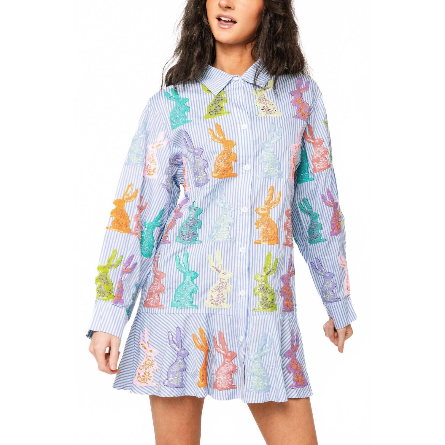New Queen Of Sparkles Striped Multi Easter Bunny Button Up Cotton Dress In Blue
